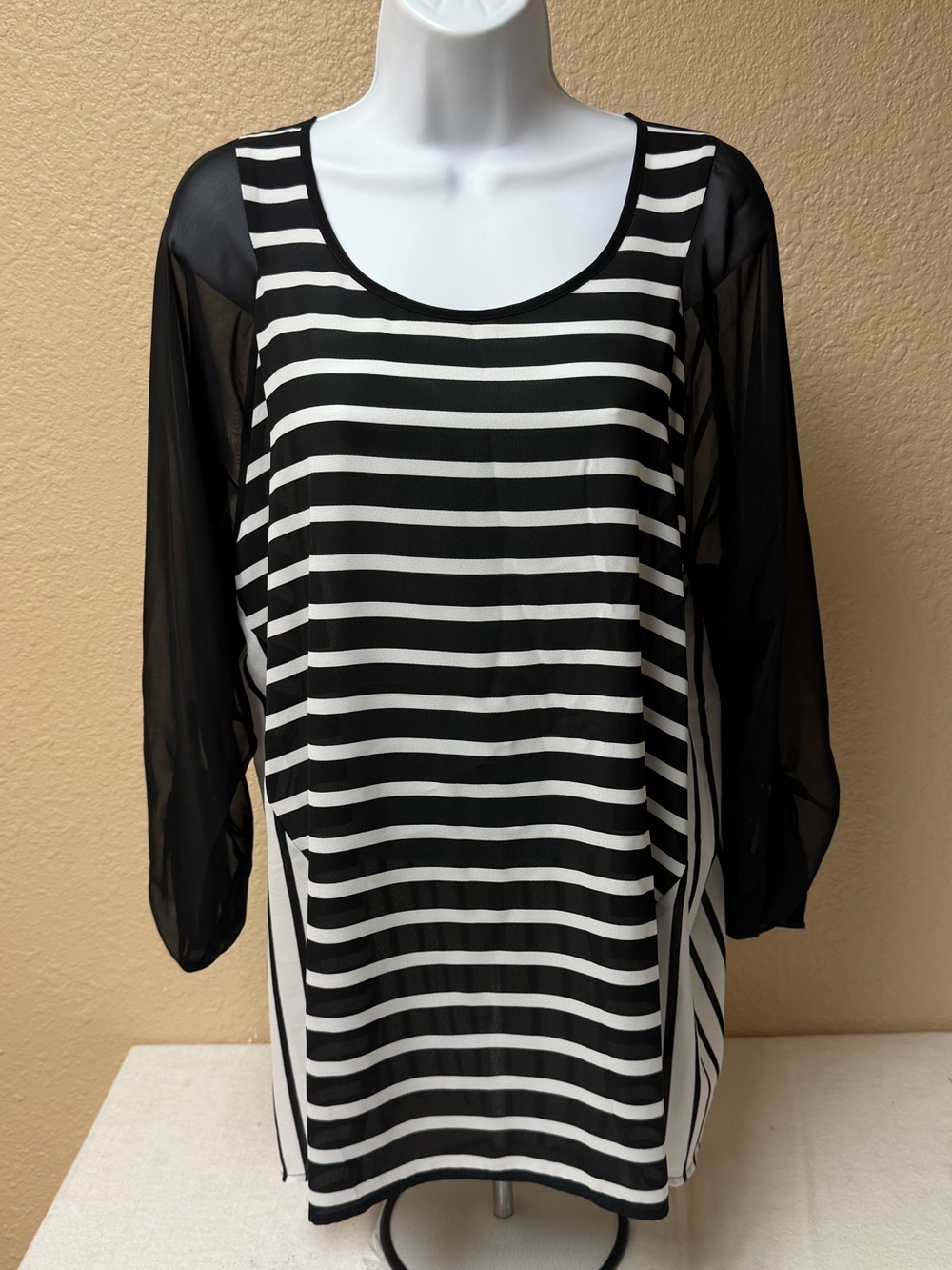 4/$20 Maurices Black & White Striped Scoop Neck Top with Sheer Sleeves